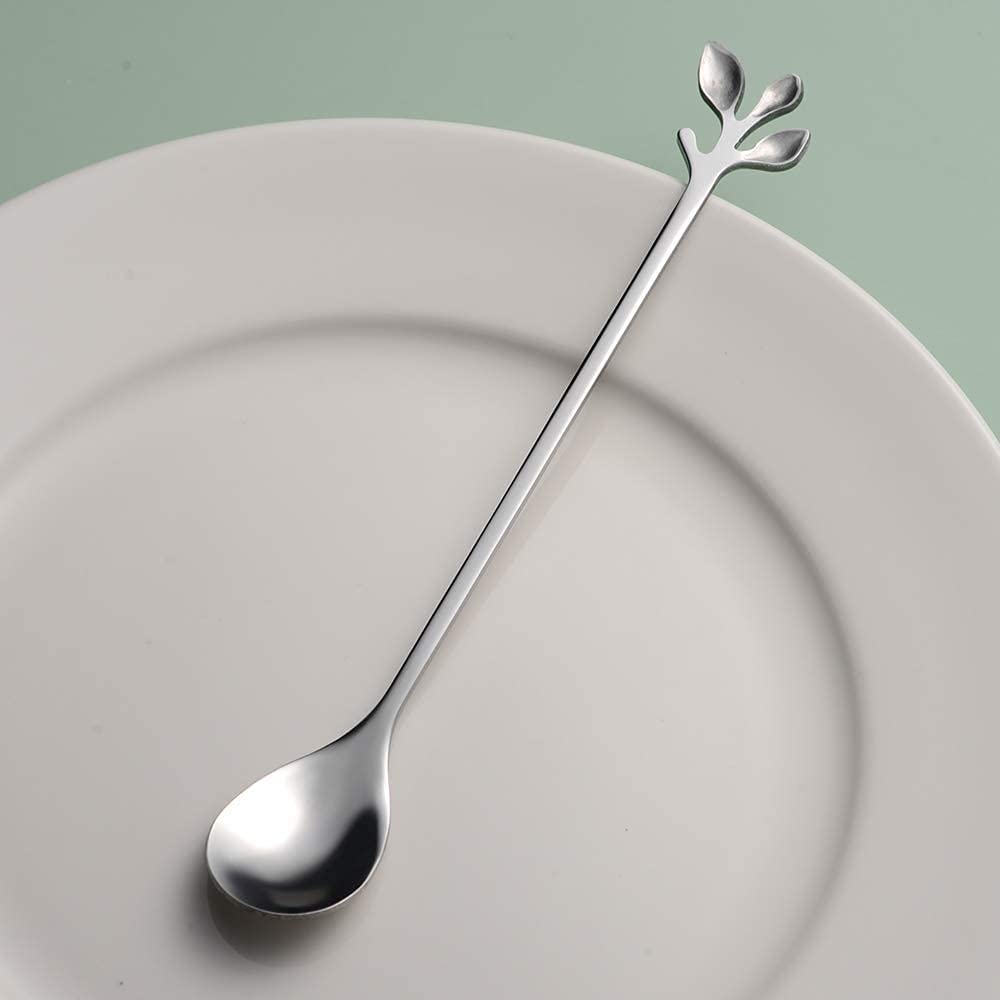 Ansaw 6.5 '' Elegant Leaf-Design Silver Coffee & Tea Spoons Set Of 6- Long Handle Stainless Steel Stirring Spoons For Espresso,